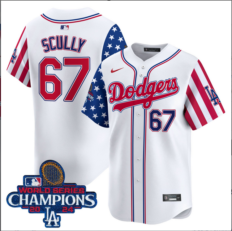 Men MLB Los Angeles Dodgers #67 Scully American Style white 2024 World Series Champions  Limited Jersey